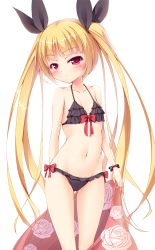 Rule 34 | 1girl, bikini, black bikini, blazblue, blonde hair, bow, cowboy shot, flat chest, floral print, frilled bikini, frills, long hair, looking at viewer, naoki (endofcentury102), navel, rachel alucard, red bow, red eyes, sarong, simple background, solo, swimsuit, twintails, white background
