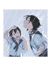 Rule 34 | 2girls, :d, absurdres, black eyes, black hair, blue neckerchief, commentary, fuyuno kamome, grey shirt, hand up, highres, looking at another, multiple girls, neckerchief, one eye closed, open mouth, original, pleated skirt, poncho, rain, see-through, shirt, short hair, short sleeves, skirt, smile