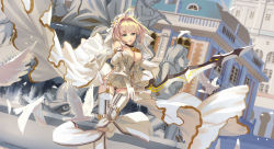 Rule 34 | 1girl, :&gt;, aestus estus, ahoge, bird, blonde hair, blurry, blurry background, breasts, cleavage, closed mouth, commentary request, daisy, depth of field, detached sleeves, dove, fate (series), flower, garter straps, gloves, hair flower, hair intakes, hair ornament, highres, holding, holding sword, holding weapon, large breasts, long sleeves, looking at viewer, nero claudius (bride) (fate), nero claudius (bride) (second ascension) (fate), nero claudius (fate), nero claudius (fate) (all), smile, solo, standing, standing on one leg, statue, sword, tea sly, thigh gap, thighhighs, two-handed, veil, waist cape, weapon, white gloves, white thighhighs