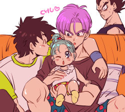 Rule 34 | 1girl, 3boys, black eyes, black hair, black shirt, blue eyes, blue hair, bra (dragon ball), brothers, carrying, couch, dragon ball, dragonball z, closed eyes, father and daughter, father and son, hand on another&#039;s shoulder, heart, imminent kiss, looking at another, miiko (drops7), multiple boys, one eye closed, open mouth, pillow, purple hair, shirt, short hair, siblings, simple background, socks, son goten, spiked hair, sweatdrop, trunks (dragon ball), vegeta, white background, white shirt, wristband