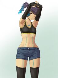 Rule 34 | 1girl, black sports bra, black thighhighs, blue hair, blunt bangs, breasts, brown eyes, chest jewel, commentary request, crop top, fiery hair, fingerless gloves, gloves, glowing lines, gradient hair, green background, highres, multicolored hair, navel, one eye closed, revision, sena (xenoblade), shoulder strap, side ponytail, small breasts, solo, sports bra, standing, stretching, thighhighs, white background, xenoblade chronicles (series), xenoblade chronicles 3, yamamori kinako