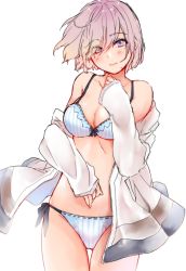 Rule 34 | absurdres, alternate costume, bikini, blue bikini, breasts, cleavage, closed mouth, cowboy shot, eyes visible through hair, fate/grand order, fate (series), hair over one eye, highres, jacket, light smile, looking at viewer, mash kyrielight, medium breasts, off shoulder, open clothes, open jacket, pink hair, purple eyes, ribbon-trimmed bikini, short hair, simple background, sleeves past wrists, solo, striped bikini, striped clothes, swimsuit, thigh gap, vertical-striped bikini, vertical-striped clothes, white background, yumari nakura