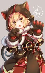 Rule 34 | 1girl, :d, animal ears, animal hands, animal hood, belt, belt buckle, black belt, black capelet, black dress, blonde hair, blush, brown eyes, buckle, capelet, cat ears, cat hood, cat tail, commentary request, crystal, djeeta (granblue fantasy), dress, fang, fur-trimmed capelet, fur-trimmed gloves, fur trim, gloves, gomano rio, granblue fantasy, grey background, hair between eyes, head tilt, highres, hood, hood up, hooded capelet, looking at viewer, open mouth, paw gloves, simple background, smile, solo, tail