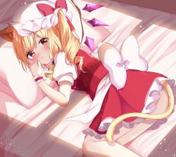 Rule 34 | 1girl, absurdres, animal ears, ascot, bad id, bad pixiv id, blonde hair, blush, cat ears, cat tail, choker, commentary, feet out of frame, flandre scarlet, hand on own cheek, hand on own face, hat, hat ribbon, highres, kemonomimi mode, light particles, looking at viewer, lying, mob cap, neck bell, on bed, on side, one side up, parted lips, petticoat, pillow, puffy short sleeves, puffy sleeves, red eyes, red skirt, red vest, ribbon, sash, shinonome asu, shirt, short hair, short sleeves, skirt, skirt set, solo, tail, tareme, touhou, vest, white hat, white shirt, wings, wrist cuffs, yellow ascot