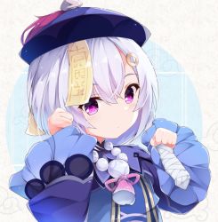 Rule 34 | 1girl, bandaged arm, bandages, blue dress, blue hat, blush, closed mouth, commentary request, cropped jacket, dress, expressionless, fuuna, genshin impact, hair between eyes, hair ornament, hands up, hat, highres, jacket, long sleeves, looking at viewer, ofuda, paw pose, purple eyes, purple hair, purple jacket, qingdai guanmao, qiqi (genshin impact), solo, upper body, wide sleeves