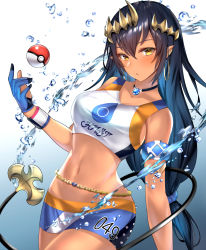 Rule 34 | 1girl, air bubble, alternate costume, armband, bare shoulders, bike shorts, black hair, blue background, blue gloves, blue hair, blue scrunchie, blue shorts, blush, breasts, bubble, choker, cleavage, collarbone, cosplay, cowboy shot, creatures (company), crop top, dark-skinned female, dark skin, earrings, female focus, fingerless gloves, game freak, gloves, gradient background, hair between eyes, hair ornament, hand up, highres, honey strap, hoop earrings, jewelry, large breasts, long hair, looking at viewer, low-tied long hair, midriff, multicolored hair, nanashi inc., navel, neck, necklace, nessa (pokemon), nessa (pokemon) (cosplay), nintendo, pointy ears, poke ball, poke ball (basic), pokemon, pokemon swsh, puckered lips, scrunchie, shimamura charlotte, short shorts, shorts, sideboob, simple background, solo, straight hair, tail, tank top, thighs, two-tone hair, underwater, virtual youtuber, white background, wristband, yellow eyes, yuyu (yuyuworks)