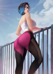 Rule 34 | 1girl, animal, artist name, ass, bare shoulders, bird, black-framed eyewear, black hair, black leggings, blue eyes, blue hair, cloud, commentary, day, english commentary, from behind, from below, glasses, highres, kopianget, leggings, legs apart, looking at viewer, looking back, multicolored hair, open mouth, original, outdoors, paid reward available, purple leggings, railing, shelby seraphine, shirt, short hair, solo, standing, tank top, two-tone hair, two-tone leggings, watermark, web address, white shirt, white tank top, wristband