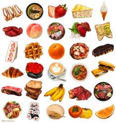 Rule 34 | banana, bread slice, cake, crepe, croissant, doughnut, food, fruit, highres, ice cream, latte art, makizushi, mitomaton, no humans, noodles, orange (fruit), orange slice, original, peach, persimmon, pizza, pudding, ramen, sandwich, shrimp, steak, strawberry, sushi, toast, udon, waffle, white background