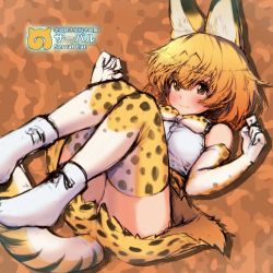 Rule 34 | 10s, 1girl, animal ears, blonde hair, bow, bowtie, brown background, camouflage background, character name, closed mouth, elbow gloves, english text, extra ears, gloves, high-waist skirt, japari symbol, kemono friends, looking at viewer, lying, mityubi, on back, print bow, print bowtie, print gloves, print neckwear, print skirt, serval (kemono friends), serval print, serval tail, shirt, shoes, short hair, skirt, sleeveless, sleeveless shirt, smile, solo, striped tail, tail, thighhighs, white footwear, white shirt, yellow eyes, yellow gloves, yellow skirt, yellow thighhighs