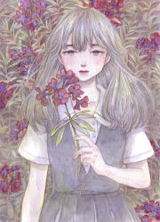 Rule 34 | 1girl, collarbone, collared shirt, dress, floral background, flower, grey eyes, grey hair, grey skirt, leaf, leaf background, lips, lonely, long hair, looking at viewer, muted color, open collar, original, painting (medium), pinafore dress, purple flower, red flower, red lips, shirt, short sleeves, skirt, sleeveless dress, solo, traditional media, watercolor (medium), white shirt, yana kotta