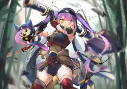 Rule 34 | 1girl, alternate costume, arm guards, armor, arms up, blush, breasts, canyne, cat, character request, commentary, cowboy shot, felyne, from below, green eyes, headband, highres, holding, holding weapon, hololive, japanese armor, kamura (armor), katana, long hair, looking at viewer, medium breasts, monster hunter (series), mr.lime, multicolored hair, pink hair, purple hair, red thighhighs, sword, thighhighs, tokoyami towa, twintails, two-tone hair, very long hair, virtual youtuber, weapon