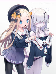 Rule 34 | 1girl, abigail williams (fate), bags under eyes, bare shoulders, black bow, black headwear, black pantyhose, black shirt, blonde hair, blue eyes, blush, bow, bra, braid, breasts, bukurote, collarbone, colored skin, fate/grand order, fate (series), forehead, grey skirt, hair bow, hands up, hat, highres, horns, lavinia whateley (fate), long hair, multiple hair bows, open mouth, orange bow, pale skin, panties, pantyhose, parted bangs, pink eyes, pleated skirt, polka dot, polka dot bow, purple bra, purple panties, shirt, side braid, simple background, single horn, skirt, small breasts, thighs, underwear, white hair, white skin, wide-eyed