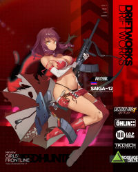 Rule 34 | 1girl, arm under breasts, asymmetrical footwear, bikini, bikini under clothes, birdcage flash hider, boots, breasts, character name, cleavage, clothes pull, criss-cross halter, damaged, dark-skinned female, dark skin, elbow gloves, extended barrel, fangdan runiu, muzzle device, full body, girls&#039; frontline, gloves, gun, hair between eyes, halterneck, high heel boots, high heels, highres, holding, holding gun, holding weapon, large breasts, long hair, looking at viewer, navel, official alternate costume, official art, purple hair, race queen, red bikini, red footwear, red shorts, saiga-12, saiga-12 (crimson navigator) (girls&#039; frontline), saiga-12 (girls&#039; frontline), short shorts, shorts, shorts pull, shotgun, shotgun shell, sidelocks, single boot, single thigh boot, skindentation, solo, stomach, swimsuit, thigh boots, thigh strap, thighhighs, torn clothes, uneven footwear, untied bikini, weapon, white gloves, white thighhighs, yellow eyes