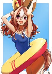Rule 34 | 1girl, :d, absurdres, ahoge, animal ears, armpits, ball, beachball, blue background, blue one-piece swimsuit, border, breasts, brown hair, collarbone, commentary, competition school swimsuit, copano rickey (umamusume), dated, double bun, ear covers, fang, hair between eyes, hair bun, highres, holding, holding ball, horse ears, horse girl, horse tail, long hair, looking at viewer, medium breasts, medium hair, multicolored hair, one-piece swimsuit, open mouth, purple eyes, school swimsuit, simple background, single vertical stripe, smile, solo, swimsuit, tail, tracen swimsuit, twitter username, two-tone hair, umamusume, umibudou, white border, white hair