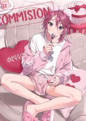 Rule 34 | 1boy, bare legs, bow, box, commission, crossed legs, cup, eating, food, full body, gift, gift box, grey shirt, hair between eyes, hair ribbon, heart, holding, holding cup, holding spoon, ice cream, indoors, jacket, legs, long sleeves, looking at viewer, male focus, medium hair, off shoulder, original, pink bow, pink jacket, pink shorts, potti-p, red hair, ribbon, sandals, shirt, shorts, sidelocks, sitting, solo, spoon, t-shirt, thighs, track jacket, trap, twitter username, watermark, white shirt