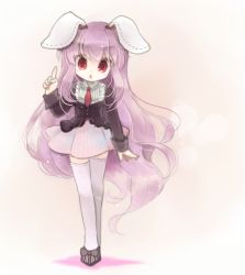 Rule 34 | 1girl, animal ears, bad id, bad pixiv id, biyon, rabbit ears, long hair, looking at viewer, open mouth, pleated skirt, pointing, pointing up, purple hair, red eyes, reisen udongein inaba, school uniform, skirt, solo, thighhighs, touhou, zettai ryouiki