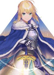 Rule 34 | 1girl, ahoge, armor, armored dress, artoria pendragon (all), artoria pendragon (fate), blonde hair, blue cloak, blue dress, blue ribbon, braid, cloak, closed mouth, commentary request, dress, excalibur (fate/stay night), fate/stay night, fate (series), faulds, fur-trimmed cloak, fur trim, gauntlets, glowing, glowing sword, glowing weapon, green eyes, hair between eyes, hair ribbon, hand on hilt, highres, light particles, looking at viewer, matsuharu (lip-mil), medium hair, ribbon, saber (fate), smile, solo, standing, weapon, white background