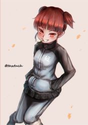 Rule 34 | 10s, 1girl, beige background, blue jacket, blue pants, blue skirt, commentary, girls und panzer, grin, hair tie, hands in pockets, highres, jacket, long sleeves, looking at viewer, mikko (girls und panzer), military, military uniform, miniskirt, mouth hold, one-hour drawing challenge, pants, pants rolled up, pants under skirt, pleated skirt, raglan sleeves, red eyes, red hair, short hair, short twintails, single horizontal stripe, skirt, smile, solo, stalk in mouth, standing, tacch, track jacket, track pants, twintails, twitter username, uniform