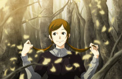 Rule 34 | 1girl, 71, forest, holding, holding own hair, leaf, nature, solo, tree, twintails