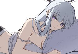 Rule 34 | 1girl, alternate costume, blue archive, breasts, cleavage, collarbone, halo, highres, large breasts, long hair, looking at viewer, lying, noa (blue archive), on stomach, pillow, purple eyes, reia 76, smile, solo, strap slip, tank top, white hair, white tank top