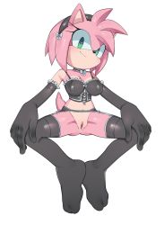 Rule 34 | 1girl, alternate costume, amy rose, animal ears, animal nose, bare shoulders, black choker, black gloves, black hairband, black thighhighs, blush, body fur, bottomless, bow, breasts, bustier, choker, closed mouth, commission, corset, elbow gloves, female focus, frilled gloves, frills, full body, furry, furry female, garter belt, gloves, green eyes, hairband, hands on own knees, happy, head tilt, highres, light blush, lingerie, looking at viewer, medium breasts, navel, pink fur, pink hair, r18 (7mii), shiny clothes, shiny skin, short hair, sidelocks, sideways mouth, simple background, sitting, smile, solo, sonic (series), spaghetti strap, spread legs, tail, thighhighs, two-tone fur, underwear, underwear only, white background, white bow