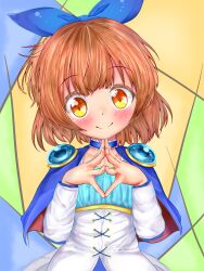 Rule 34 | 1girl, arle nadja, armor, blue cape, blue ribbon, blush, breastplate, brown hair, cape, commentary request, detached sleeves, highres, looking at viewer, madou monogatari, multicolored background, own hands together, pennta-0209, puyopuyo, ribbon, smile, solo, yellow eyes