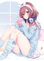 Rule 34 | 1girl, bed, bed sheet, blue eyes, blue shirt, blush, breasts, brown hair, commentary request, cup, go-toubun no hanayome, hair between eyes, hair ribbon, headphones, headphones around neck, highres, holding, holding cup, large breasts, mug, nakano miku, pillow, pom pom (clothes), pout, ribbon, sakura honoka (srhk0623), shirt, sitting, socks, striped clothes, striped legwear, striped socks, thighs