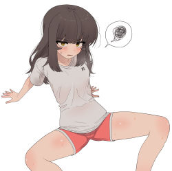 Rule 34 | 1girl, ahoge, arm support, blunt bangs, blush, breasts, brown hair, collarbone, feet out of frame, flipped hair, highres, long hair, looking at viewer, nakta, open mouth, original, parted lips, red shorts, shirt, short shorts, short sleeves, shorts, sidelocks, simple background, sitting, small breasts, solo, spoken squiggle, spread legs, squiggle, straight hair, sweat, sweatdrop, tsurime, v-shaped eyebrows, wavy mouth, white background, white shirt, yellow eyes