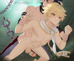 Rule 34 | 2boys, aether (genshin impact), black hair, blonde hair, blush, braid, censored, completely nude, earrings, finch (blanc1771), genshin impact, grey hair, hair between eyes, hair ornament, jewelry, long hair, male focus, multiple boys, navel, nipples, nude, penis, scarf, sex, sex from behind, stomach, testicles, white scarf, wriothesley (genshin impact), yaoi, yellow eyes