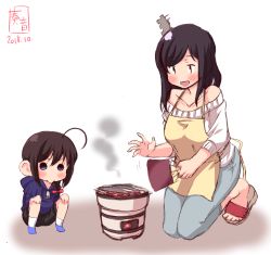 Rule 34 | 2girls, :&gt;, :d, ahoge, apron, bare shoulders, black hair, blue eyes, blush, brown hair, chibi, clog sandals, closed mouth, collarbone, commentary request, cooking, dated, denim, fish, grill, grilling, hair over shoulder, hands on own knees, highres, holding, jeans, kanon (kurogane knights), kantai collection, kneeling, long sleeves, multiple girls, no nose, object request, open mouth, pants, red eyes, rigging, saury, shigure (kancolle), shoe dangle, signature, simple background, size difference, sketch, smile, smoke, solid circle eyes, v-shaped eyebrows, white background, yamashiro (kancolle), yellow apron