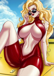 Rule 34 | 1girl, blonde hair, breasts, car, covered erect nipples, curvy, earrings, eyeshadow, female focus, golden boy, highres, huge breasts, jewelry, lipstick, long hair, looking at viewer, makeup, motor vehicle, nail polish, navel, onna shachou, red eyes, solo, sunglasses, thick thighs, thighs, underboob, valenvenge