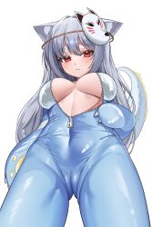 Rule 34 | 1girl, absurdres, animal ears, breasts, cameltoe, cleft of venus, commission, covered navel, cowboy shot, dinosaur costume, dinosaur tail, fake tail, fox ears, fox mask, grey hair, highres, large breasts, latex, long hair, looking at viewer, mask, mask on head, no bra, onesie, original, red eyes, shiny clothes, simple background, solo, standing, suisen (suisenhwa), tail, unzipped, white background, zipper