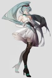 Rule 34 | 1girl, absurdres, alternate costume, arm tattoo, black thighhighs, blue hair, breasts, collarbone, dress, earrings, elbow gloves, enn matien, floating hair, gloves, grey background, hair behind ear, hatsune miku, high heels, highres, jewelry, long hair, small breasts, solo, tattoo, thighhighs, torn clothes, torn thighhighs, very long hair, vocaloid, white dress, white gloves