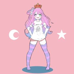 Rule 34 | 1girl, alternate costume, blue hair, blush, candy, candy hair ornament, commentary request, crescent, crown, dot nose, food, food-themed hair ornament, gradient hair, green eyes, hair ornament, hair rings, hands on own hips, heterochromia, highres, himemori luna, hololive, long hair, matsuu, mini crown, multicolored hair, open mouth, pink background, pink eyes, pink hair, print shirt, shadow, shirt, simple background, solo, standing, star (symbol), striped clothes, striped thighhighs, thighhighs, virtual youtuber, white shirt
