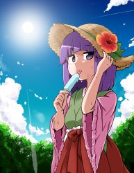 Rule 34 | 1girl, blue sky, blunt bangs, cloud, commentary request, cowboy shot, day, flower, food, forest, hakama, hakama skirt, hat, hat flower, hieda no akyuu, holding, holding food, japanese clothes, jitome, kimono, kousei (public planet), licking, medium hair, nature, outdoors, popsicle, purple eyes, purple hair, skirt, sky, solo, standing, straight hair, straw hat, sun, sunlight, sweat, tongue, tongue out, touhou, tree