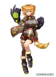 Rule 34 | 1girl, badge, black gloves, breasts, fangs, fox tail, gloves, green eyes, large breasts, litgear, meesuke, midriff, navel, official art, orange hair, short hair, simple background, solo, tail, white background
