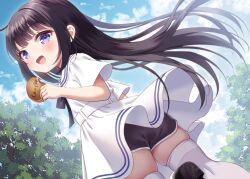 Rule 34 | 1girl, :d, ass, black bow, black hair, black shorts, blue sky, bow, chitosezaka suzu, cloud, cloudy sky, commentary request, commission, day, dress, food, highres, holding, holding food, long hair, looking at viewer, looking back, open mouth, original, outdoors, purple eyes, sailor collar, sailor dress, shorts, shorts under dress, skeb commission, skindentation, sky, smile, solo, thighhighs, upskirt, very long hair, white dress, white sailor collar, white thighhighs