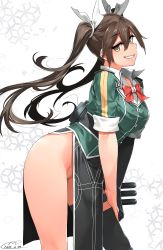 Rule 34 | 1girl, black gloves, black thighhighs, bow, bowtie, brown hair, commentary request, dated, elbow gloves, gloves, hair between eyes, hair ribbon, happa (cloverppd), kantai collection, looking at viewer, no panties, parted lips, pelvic curtain, red bow, red bowtie, ribbon, short sleeves, single glove, single thighhigh, solo, teeth, thighhighs, tone (kancolle), tone kai ni (kancolle), twintails, white background, white ribbon