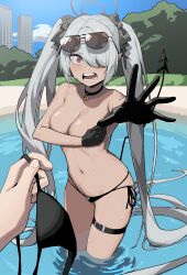 Rule 34 | 1girl, 1other, absurdres, bikini, black choker, black gloves, blue archive, breasts, byungttal, choker, covering privates, covering breasts, demon tail, eyewear on head, gloves, grey hair, halo, highres, holding, holding clothes, holding swimsuit, iori (blue archive), iori (swimsuit) (blue archive), long hair, medium breasts, multi-strapped bikini bottom, navel, open mouth, pointy ears, pov, pov hands, red eyes, solo focus, stomach, sunglasses, swimsuit, tail, teeth, topless, twintails, untied bikini, very long hair, wading, water, wet