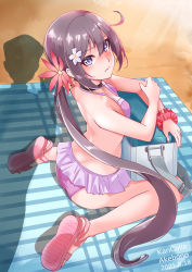 Rule 34 | 1boy, 1girl, absurdres, admiral (kancolle), ahoge, akebono (kancolle), beach towel, bell, bikini, blush, breasts, character name, closed mouth, cooler, copyright name, dated, day, flower, hair bell, hair between eyes, hair flower, hair ornament, highres, kantai collection, long hair, official alternate costume, outdoors, pink bikini, pink flower, pink footwear, ponytail, purple hair, sandals, scrunchie, shadow, side ponytail, sitting, small breasts, swimsuit, towel, very long hair, white flower, wrist scrunchie, yoshiki (bpmaxm)