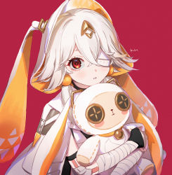 Rule 34 | 1girl, animal ears, bandaged arm, bandages, character name, eyepatch, grey hair, hair between eyes, hair ornament, highres, holding, holding stuffed toy, hood, hood up, looking at viewer, one eye covered, parted lips, poponpo294111, rabbit ears, red background, red eyes, ruby (tower of fantasy), short hair with long locks, simple background, solo, stuffed animal, stuffed rabbit, stuffed toy, tower of fantasy