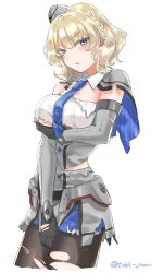 Rule 34 | 1girl, black pantyhose, blonde hair, blue eyes, blue necktie, braid, breasts, capelet, colorado (kancolle), cropped legs, dress, elbow gloves, garrison cap, gloves, grey capelet, grey dress, grey gloves, grey hat, hat, headgear, highres, kantai collection, large breasts, necktie, pantyhose, pleated dress, shirt, short hair, side braids, sideboob, simple background, sleeveless, solo, torn clothes, tsukimura (d24f4z8j3t), white background, white shirt