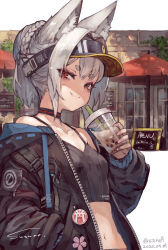 Rule 34 | 1girl, animal ear fluff, animal ears, bare shoulders, black camisole, black hat, black jacket, braid, breasts, bubble tea, camisole, closed mouth, collarbone, cup, disposable cup, drinking straw, fang, fang out, fox ears, hair bun, half-closed eyes, hand in pocket, hat, highres, holding, holding cup, hood, hood down, hooded jacket, jacket, long sleeves, looking at viewer, menu board, midriff, nail polish, navel, off shoulder, open clothes, open jacket, original, parasol, pink nails, ponytail, puffy long sleeves, puffy sleeves, red eyes, short eyebrows, short hair, single hair bun, small breasts, smile, solo, suzuno (bookshelf), thick eyebrows, umbrella, visor cap, window