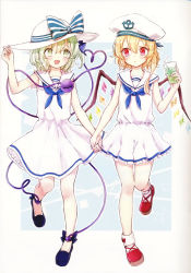 Rule 34 | 2girls, absurdres, alternate costume, anchor symbol, bare arms, bare legs, blonde hair, blue bow, blue footwear, bow, cup, dress, drinking glass, drinking straw, flandre scarlet, green eyes, green hair, hat, hat bow, heart, heart of string, highres, holding hands, honotai, interlocked fingers, komeiji koishi, multiple girls, red eyes, red footwear, sailor hat, scan, shoes, short dress, smile, striped, striped bow, thighhighs, touhou, white dress, white hat