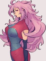 Rule 34 | 1girl, android 21, breasts, checkered clothes, checkered dress, dragon ball, dragon ball fighterz, dress, grey background, kemachiku, long hair, looking at viewer, majin android 21, medium breasts, pink hair, red eyes, simple background, solo