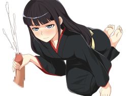 Rule 34 | 1boy, 1girl, barefoot, black hair, blue eyes, blush, character request, copyright request, cum, ejaculation, feet, handjob, hetero, hime cut, japanese clothes, kimono, kneeling, long hair, soles, toes, transparent background