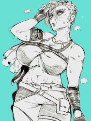 Rule 34 | 1girl, abs, abyuramu yukidaruma, acid wraith, alternate breast size, animification, apex legends, arm strap, bandeau, belt, blue background, blush, braid, breasts, clothing cutout, collarbone, fingerless gloves, gloves, greyscale with colored background, hair behind ear, hair between eyes, hand in own hair, highres, jewelry, large breasts, leaning to the side, looking up, navel, necklace, official alternate costume, parted lips, short hair, shorts, solo, steaming body, sweat, underboob cutout, wraith (apex legends)