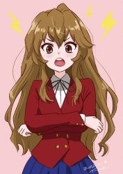 Rule 34 | 1girl, absurdres, aisaka taiga, black ribbon, blazer, blue skirt, blush, brown eyes, brown hair, buttoned cuffs, buttons, commentary request, cowboy shot, crossed arms, dated, double-breasted, female focus, highres, jacket, long hair, long sleeves, looking at viewer, neck ribbon, oohashi high school uniform, open mouth, pink background, pleated skirt, red jacket, ribbon, school uniform, shirt, signature, skirt, solo, teeth, toradora!, tsunemoku, upper body, upper teeth only, white shirt