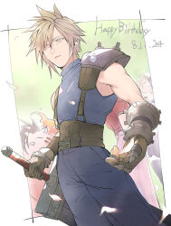Rule 34 | 2boys, 2girls, aerith gainsborough, armor, belt, black skirt, black thighhighs, blonde hair, blue eyes, blue pants, blue sweater, brown gloves, brown hair, buster sword, closed mouth, cloud strife, commentary, cowboy shot, dated, dress, earrings, falling petals, feet out of frame, final fantasy, final fantasy vii, final fantasy vii remake, flame-tipped tail, gloves, hair between eyes, happy birthday, highres, holding, holding sword, holding weapon, huge weapon, jacket, jewelry, mugikoma, multiple belts, multiple boys, multiple girls, pants, petals, pink dress, red jacket, red xiii, short hair, shoulder armor, single bare shoulder, skirt, sleeveless, sleeveless turtleneck, spiked hair, standing, stud earrings, suspenders, sweater, sword, symbol-only commentary, thighhighs, tifa lockhart, turtleneck, turtleneck sweater, weapon