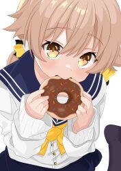 Rule 34 | 1girl, absurdres, blonde hair, blue archive, blush, bow, cardigan, doughnut, eating, food, hair bow, hifumi (blue archive), highres, holding, holding food, long sleeves, low twintails, pantyhose, sailor collar, sitting, skirt, solo, twintails, user xnrc4325, wariza, yellow eyes